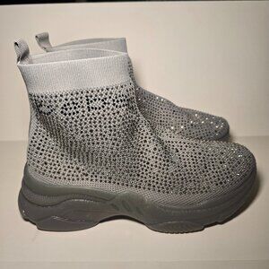 Bebe Rhinestone Sock Boots Gray Knit Platform Sneaker Boots Sparkly Fashion Sz 9